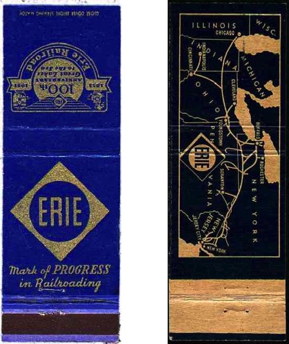 Erie RR 100th Anniversary Matchbook cover. 1951 chs-002964